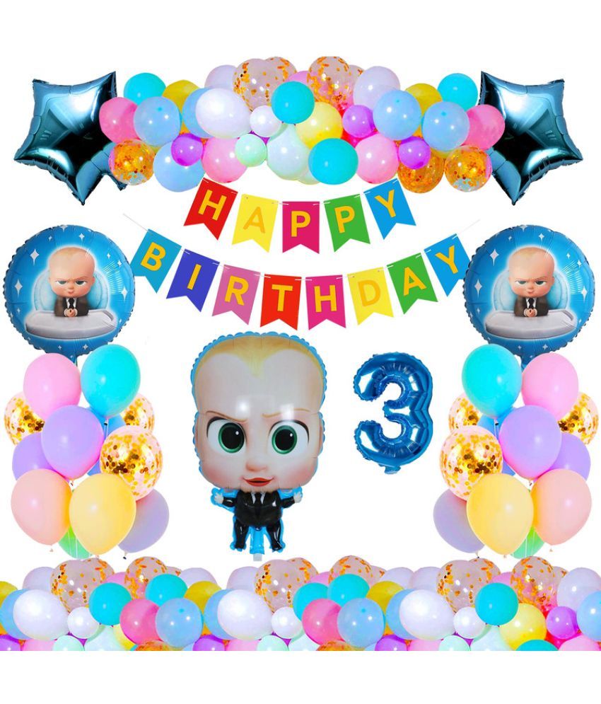     			CRAZYKART Boss Baby Theme Third 3rd Birthday Decoration Items For Boys Party Decoration Kit Balloon Combo Pack Of 37 Pcs Blue