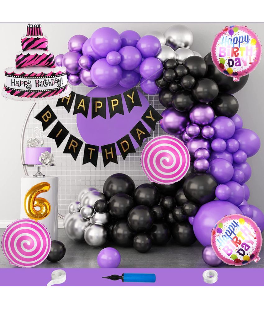     			CRAZYKART Cake Theme Sixth 6th Birthday Decoration Items For Girls Party Decoration Kit Balloon Combo Pack Of 110 Pcs Purple