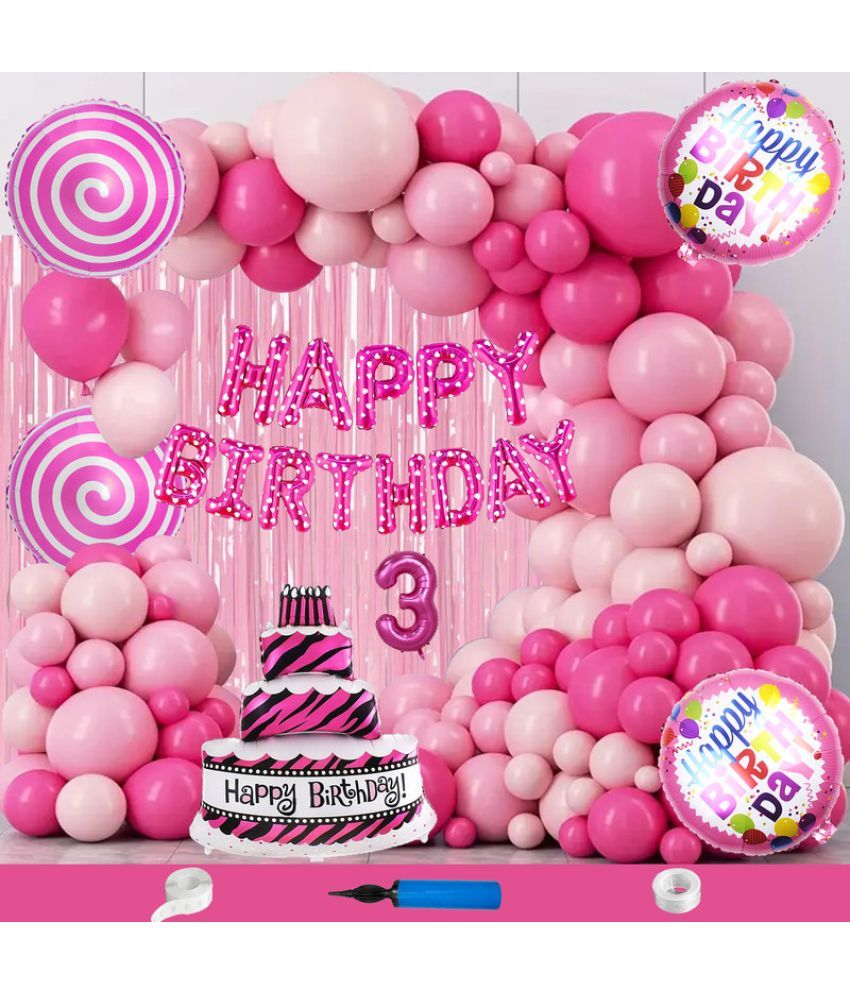     			CRAZYKART Cake Theme Third 3rd Birthday Decoration Items For Girls Party Decoration Kit Balloon Combo Pack Of 112 Pcs Pink