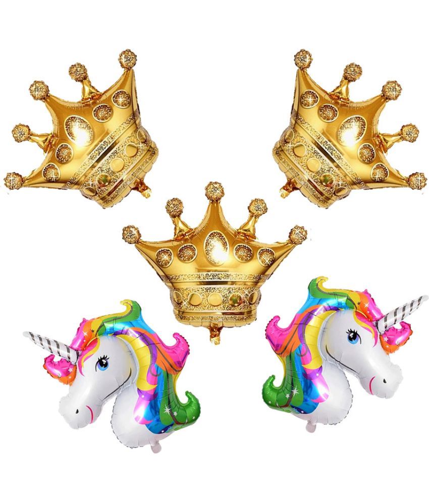     			CRAZYKART Crown Unicorn Theme Foil Balloon Set For Girls Boys Birthday Party Decoration Items Pack Of 5 Pcs Gold