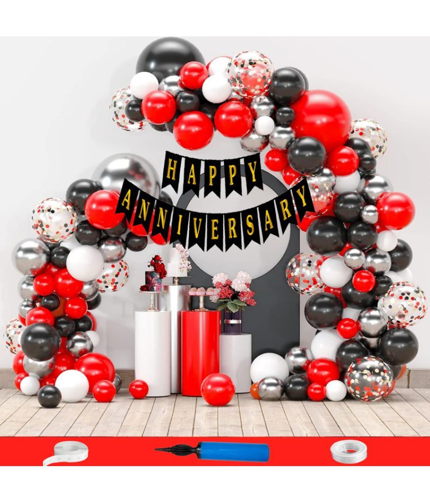     			CRAZYKART Happy Anniversary Decoration Items Kit Combo For Wedding Party Decoration Pack Of 109 Pcs Red Black White Silver