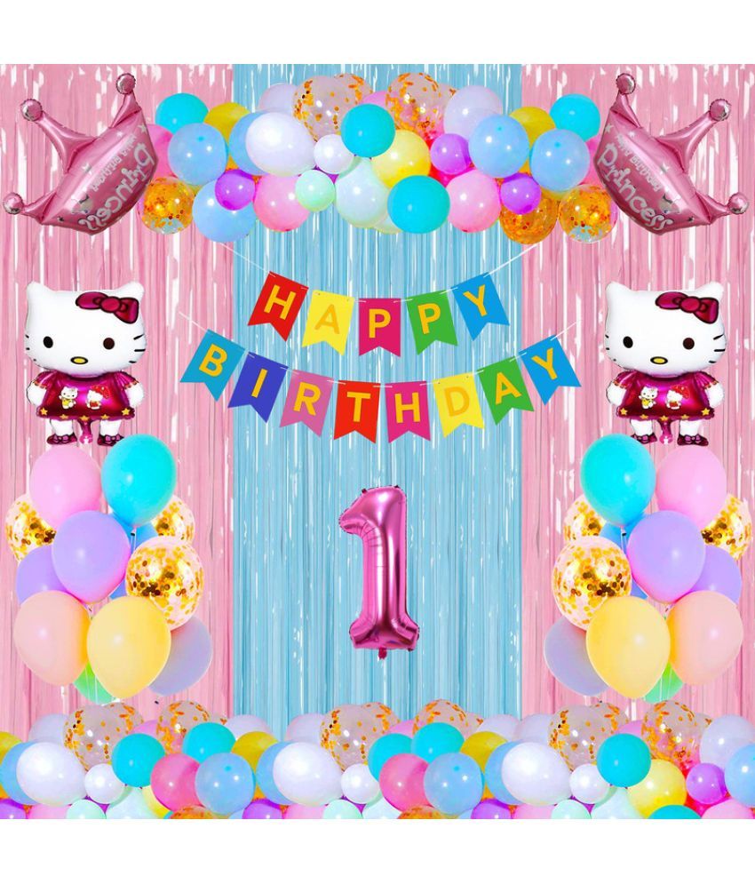     			CRAZYKART Hello Kitty Princess Crown Theme First 1st Birthday Decoration Items For Girls Party Decoration Kit Balloon Combo Pack Of 39 Pcs Pink