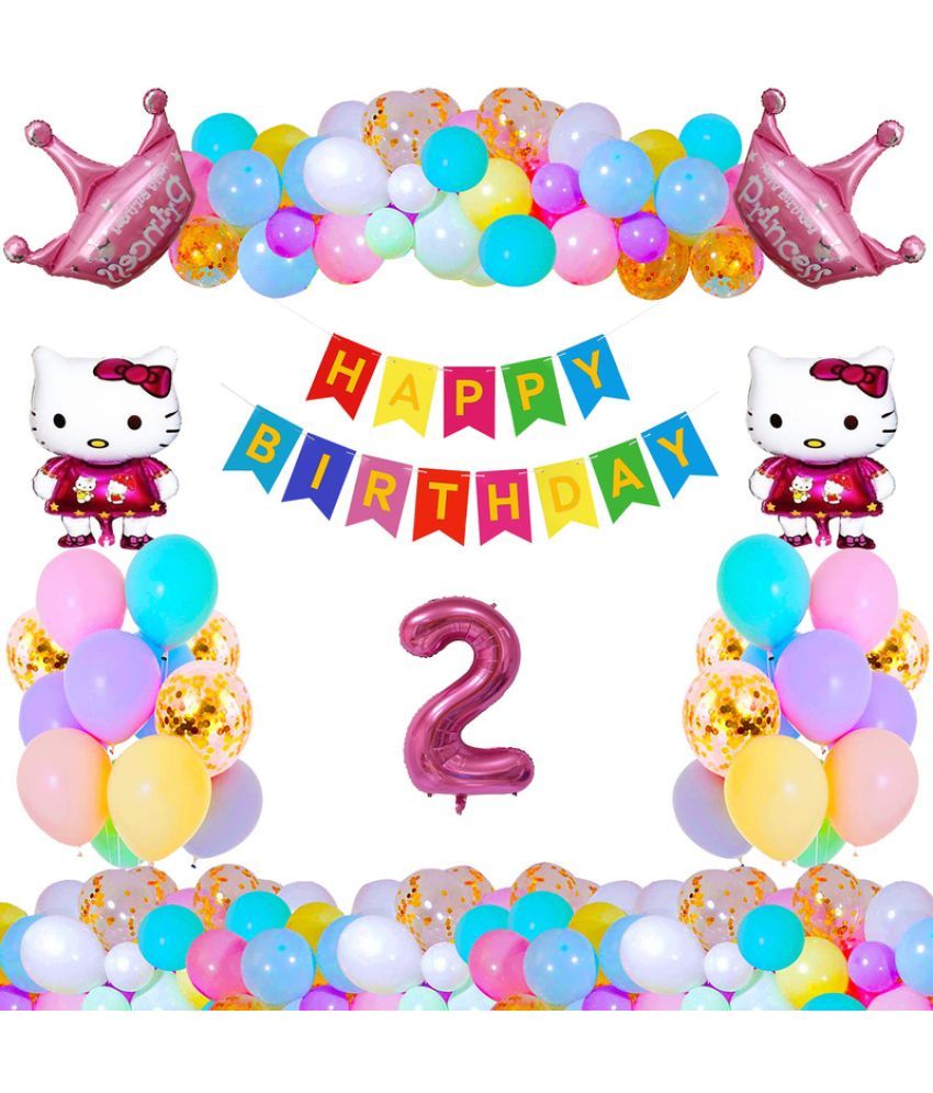     			CRAZYKART Hello Kitty Princess Crown Theme Second 2nd Birthday Decoration Items For Girls Party Decoration Kit Balloon Combo Pack Of 36 Pcs Pink