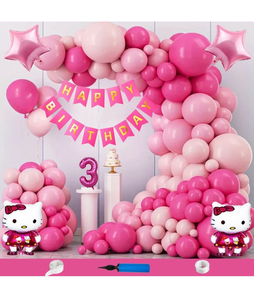     			CRAZYKART Hello Kitty Star Theme Third 3rd Birthday Decoration Items For Girls Party Decoration Kit Balloon Combo Pack Of 109 Pcs Pink