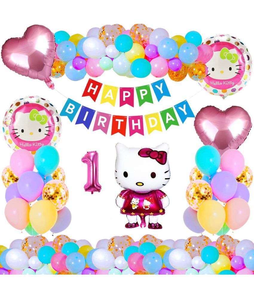     			CRAZYKART Hello Kitty Theme First 1st Birthday Decoration Items For Girls Party Decoration Kit Balloon Combo Pack Of 37 Pcs Pink