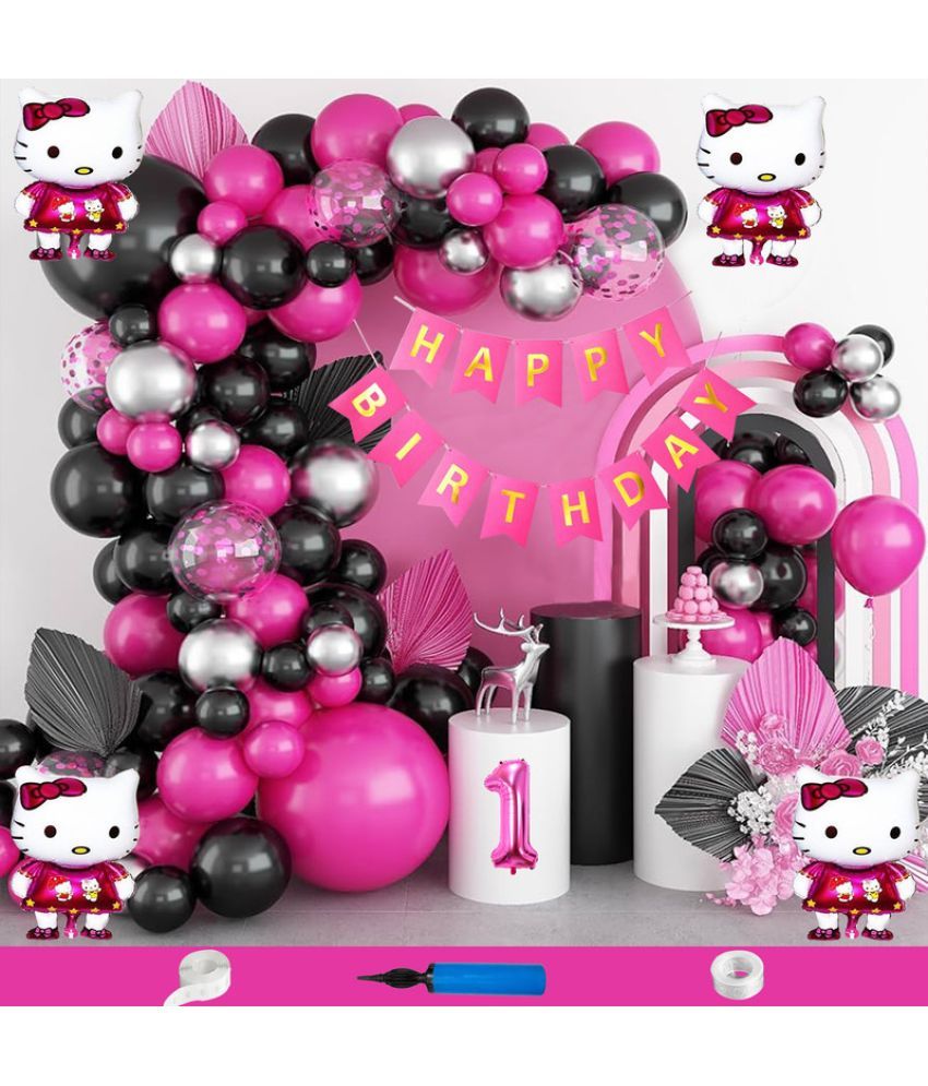     			CRAZYKART Hello Kitty Theme First 1st Birthday Decoration Items For Girls Party Decoration Kit Balloon Combo Pack Of 89 Pcs Pink