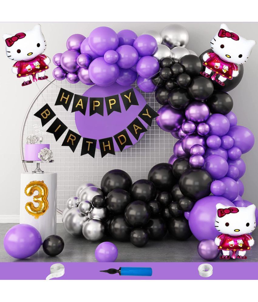     			CRAZYKART Hello Kitty Theme Third 3rd Birthday Decoration Items For Girls Party Decoration Kit Balloon Combo Pack Of 108 Pcs Purple