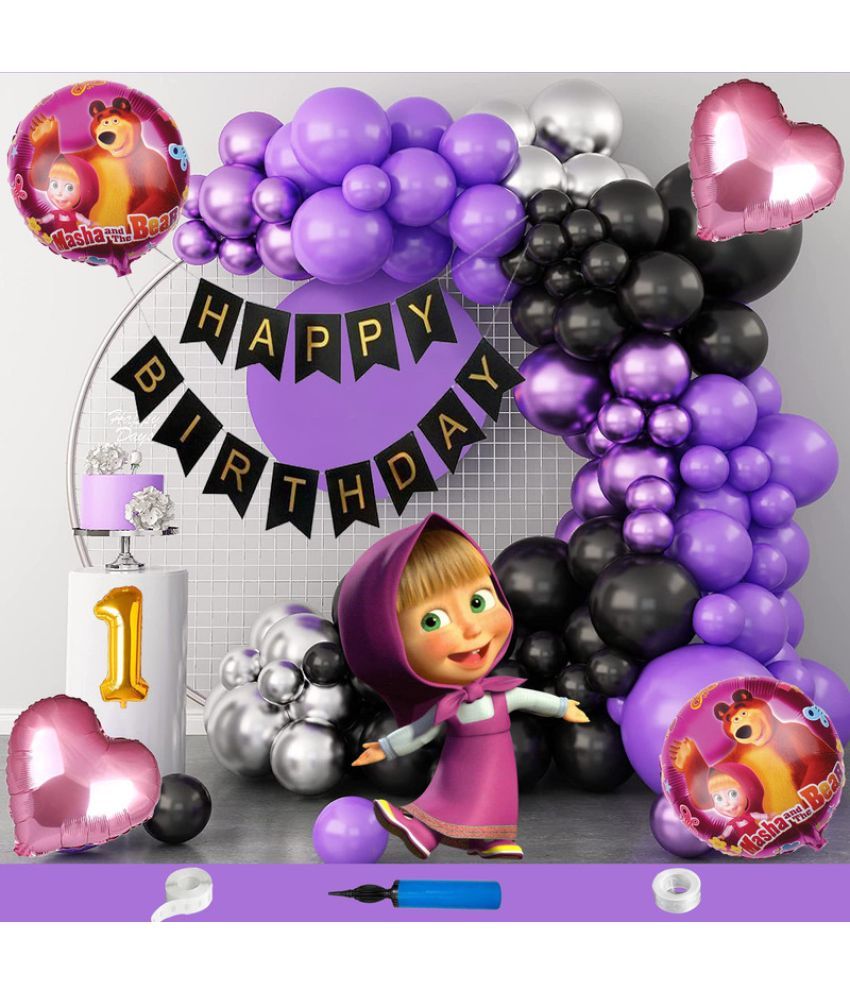     			CRAZYKART Masha Theme First 1st Birthday Decoration Items For Girls Party Decoration Kit Balloon Combo Pack Of 110 Pcs Purple