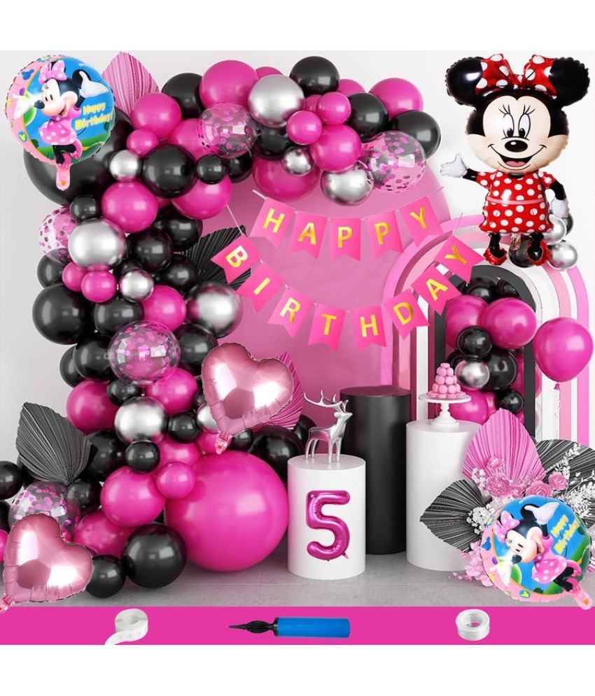     			CRAZYKART Minnie Mouse Theme Fifth 5th Birthday Decoration Items For Girls Party Decoration Kit Balloon Combo Pack Of 90 Pcs Pink