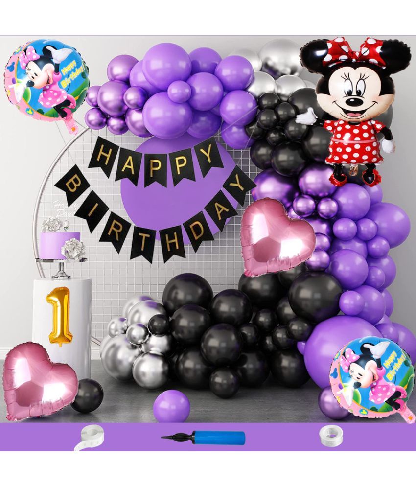     			CRAZYKART Minnie Mouse Theme First 1st Birthday Decoration Items For Girls Party Decoration Kit Balloon Combo Pack Of 110 Pcs Purple