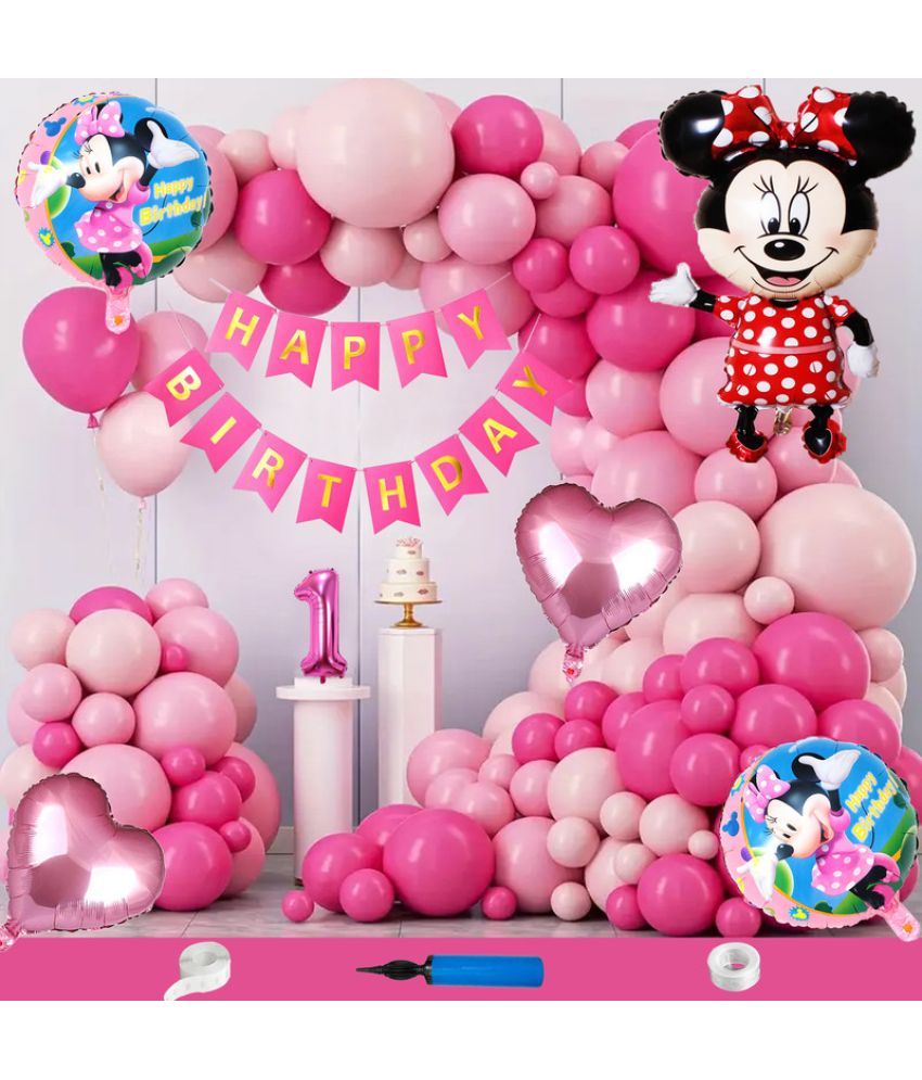     			CRAZYKART Minnie Mouse Theme First 1st Birthday Decoration Items For Girls Party Decoration Kit Balloon Combo Pack Of 110 Pcs Pink