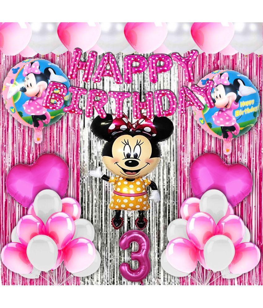     			CRAZYKART Minnie Mouse Theme Third 3rd Birthday Decoration Items For Girls Party Decoration Kit Balloon Combo Pack Of 40 Pcs Pink