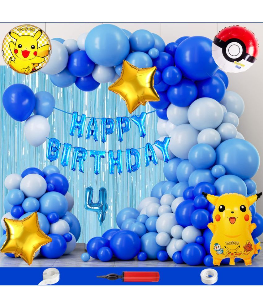     			CRAZYKART Pikachu Pokemon Theme Fourth 4th Birthday Decoration Items For Boys Party Decoration Kit Balloon Combo Pack Of 112 Pcs Blue