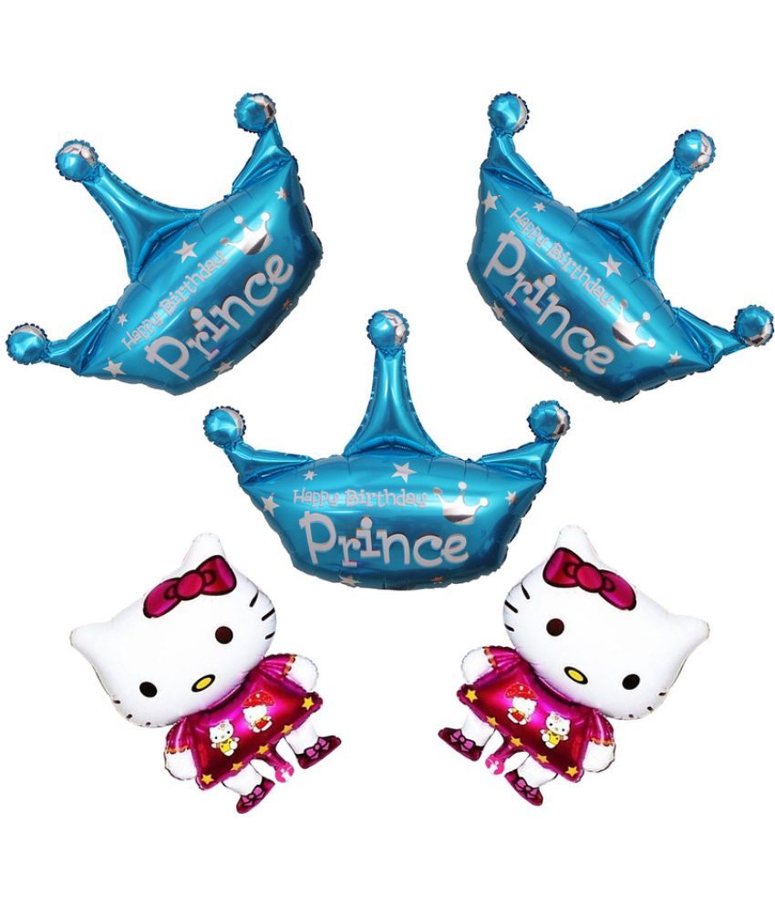     			CRAZYKART Prince Crown Hello Kitty Theme Foil Balloon Set For Boy Birthday Party Decoration Items Pack Of 5 Pcs Blue