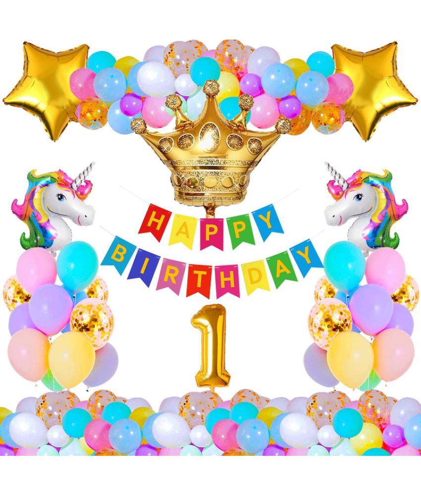     			CRAZYKART Unicorn Crown Theme First 1st Birthday Decoration Items For Boys Party Decoration Kit Balloon Combo Pack Of 37 Pcs Gold