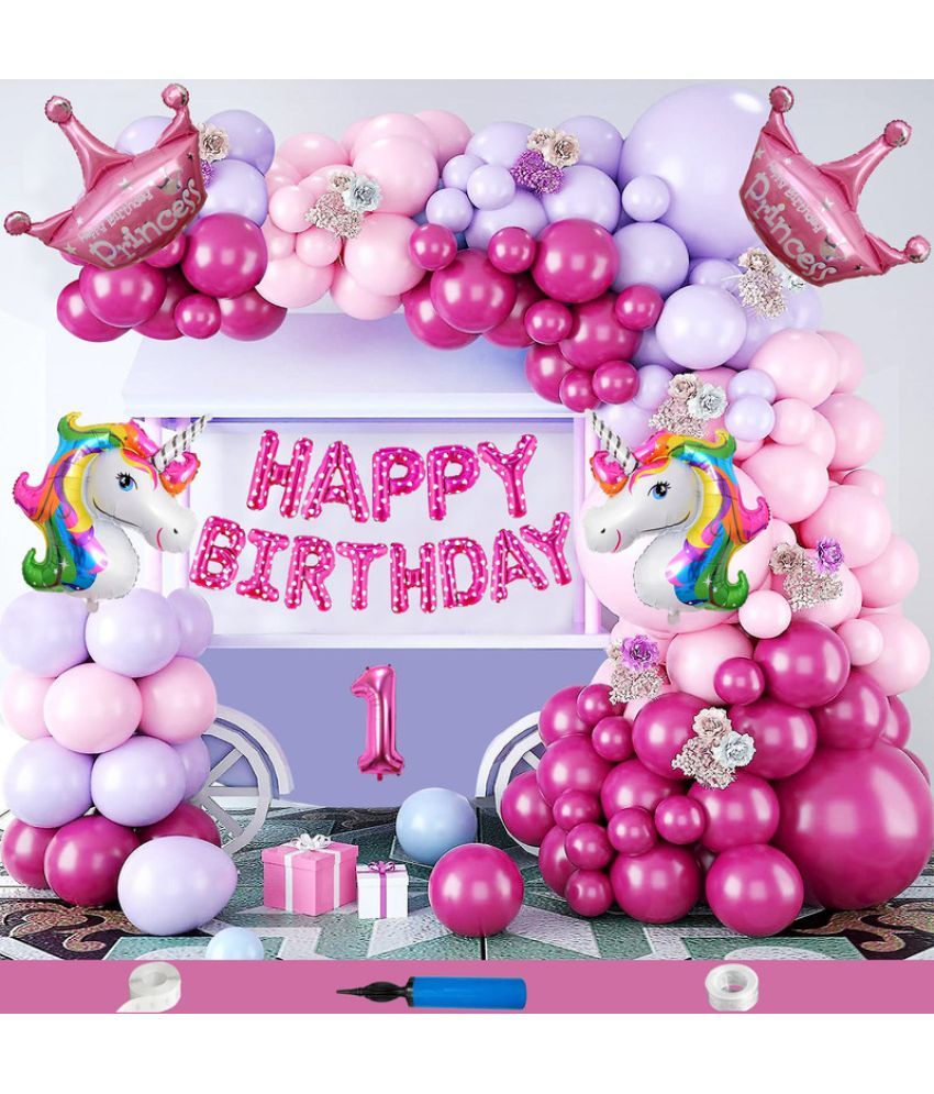     			CRAZYKART Unicorn Princess Crown Theme First 1st Birthday Decoration Items For Girls Party Decoration Kit Balloon Combo Pack Of 84 Pcs Pink