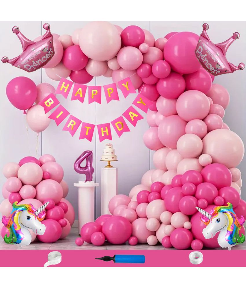     			CRAZYKART Unicorn Princess Crown Theme Fourth 4th Birthday Decoration Items For Girls Party Decoration Kit Balloon Combo Pack Of 109 Pcs Pink