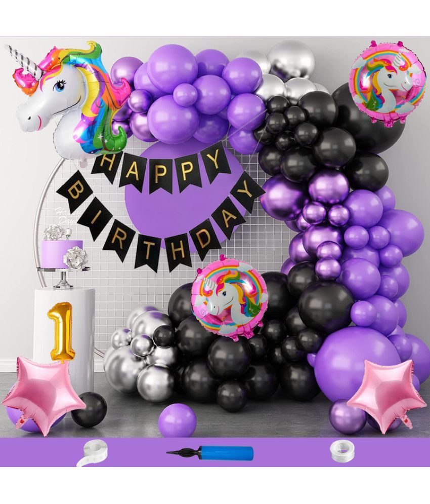     			CRAZYKART Unicorn Theme First 1st Birthday Decoration Items For Girls Party Decoration Kit Balloon Combo Pack Of 110 Pcs Purple