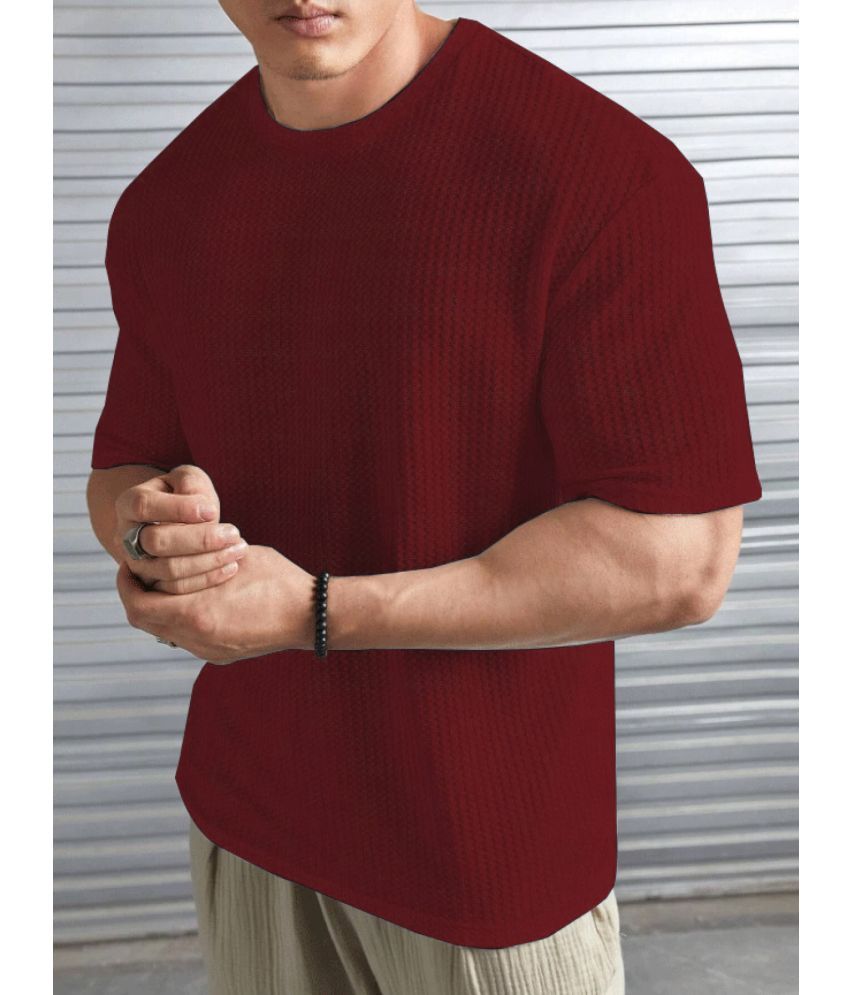     			Hushbucks Polyester Regular Fit Self Design Half Sleeves Men's Round T-Shirt - Maroon ( Pack of 1 )