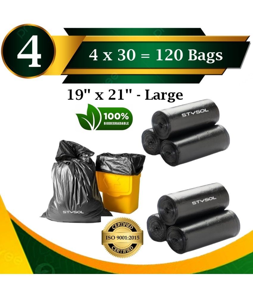     			INDIA Premium Biodegradable Garbage Bags 19 X 21 Inches (Medium Size) 120 Bags (4 Rolls) Dustbin Bag/Trash Bag - Black Color