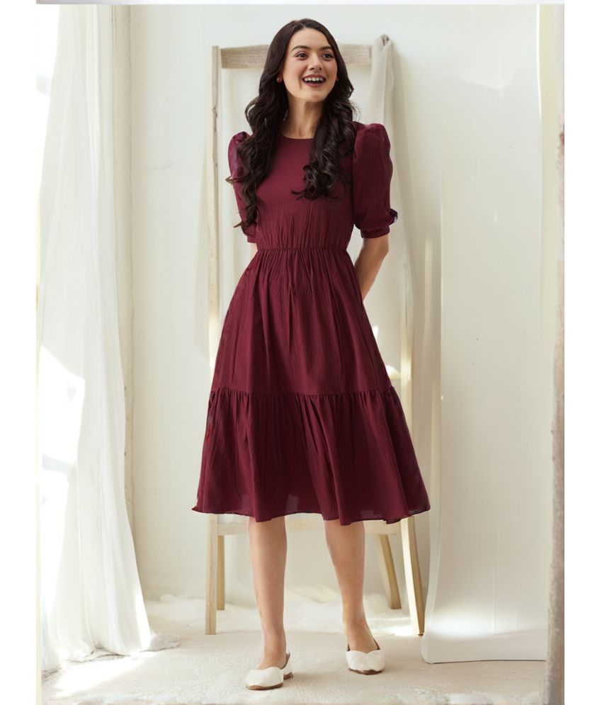     			Istyle Can Polyester Solid Knee Length Women's Fit & Flare Dress - Maroon ( Pack of 1 )