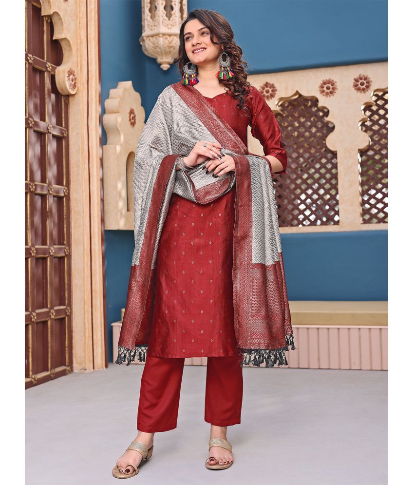     			kedar fab Banarasi Embroidered Kurti With Pants Women's Stitched Salwar Suit - Maroon ( Pack of 1 )