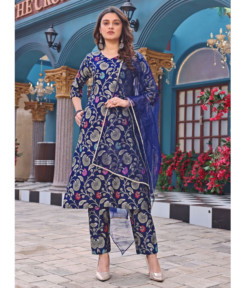     			kedar fab Banarasi Printed Kurti With Pants Women's Stitched Salwar Suit - Navy Blue ( Pack of 1 )