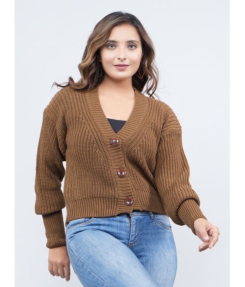     			FEVERFEW Acro Wool V Neck Women's Buttoned Cardigans - Brown ( Single )