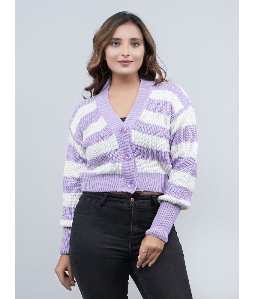     			FEVERFEW Acro Wool V Neck Women's Buttoned Cardigans - Purple ( Single )