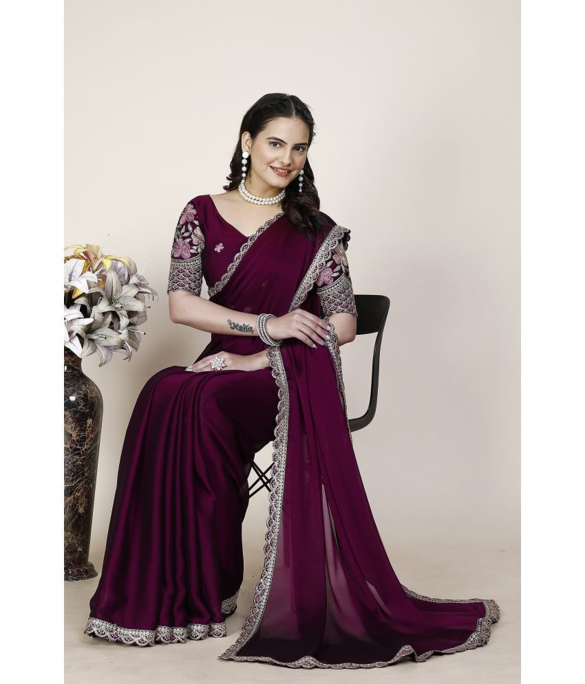     			Gullak Chiffon Embroidered Saree With Blouse Piece ( Purple , Pack of 1 )