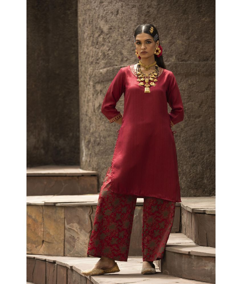     			Juniper Satin Solid Ethnic Top With Pants Women's Stitched Salwar Suit - Maroon ( Pack of 1 )