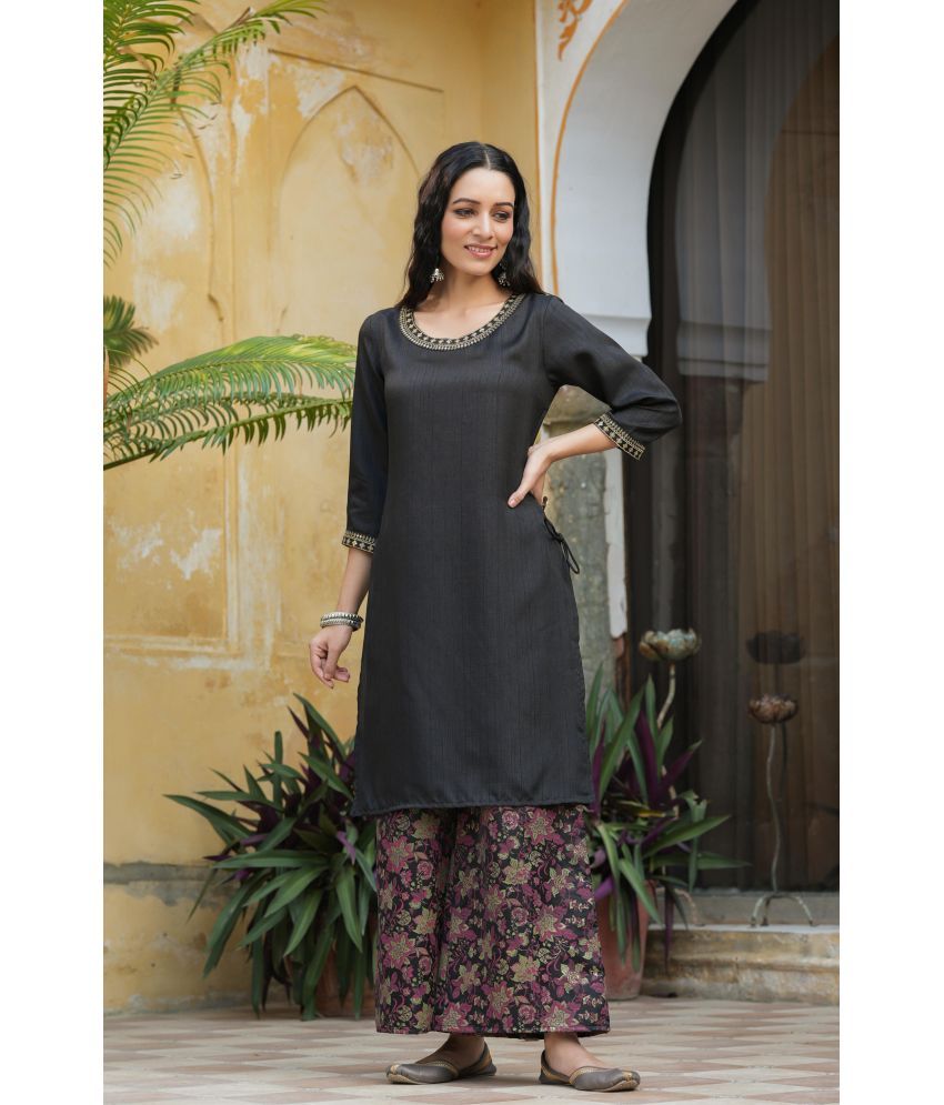     			Juniper Satin Solid Kurti With Sharara And Gharara Women's Stitched Salwar Suit - Black ( Pack of 1 )