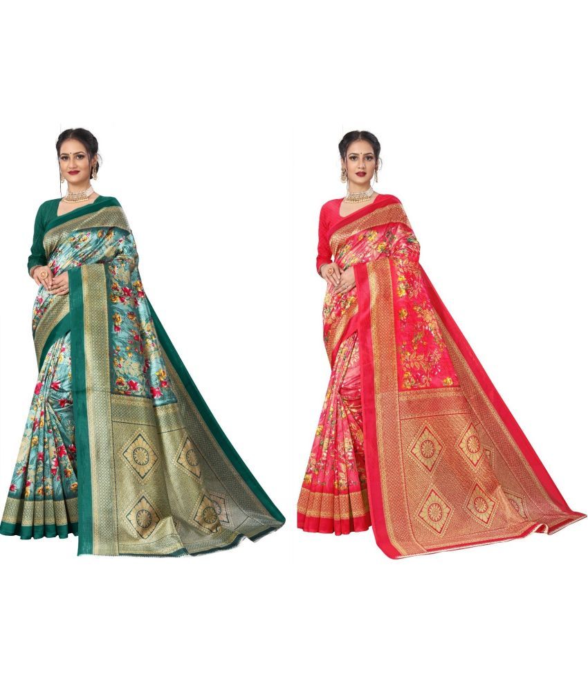     			Kanooda Prints Art Silk Printed Saree With Blouse Piece ( Multicolor , Pack of 2 )