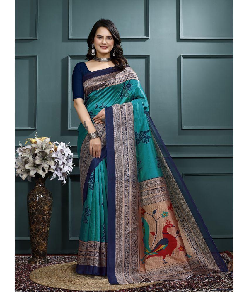     			Kanooda Prints Art Silk Printed Saree With Blouse Piece ( Blue , Pack of 1 )