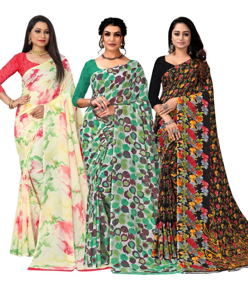     			Kanooda Prints Georgette Printed Saree With Blouse Piece ( Multicolor , Pack of 3 )