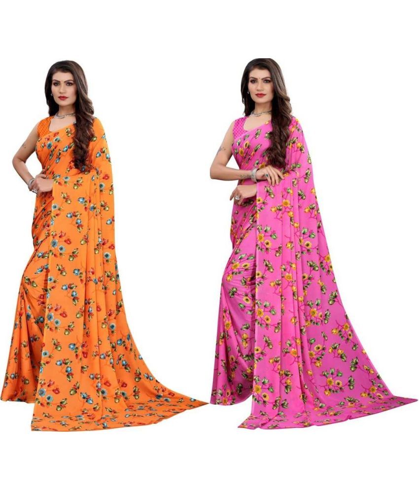     			Kanooda Prints Georgette Printed Saree With Blouse Piece ( Orange , Pack of 2 )