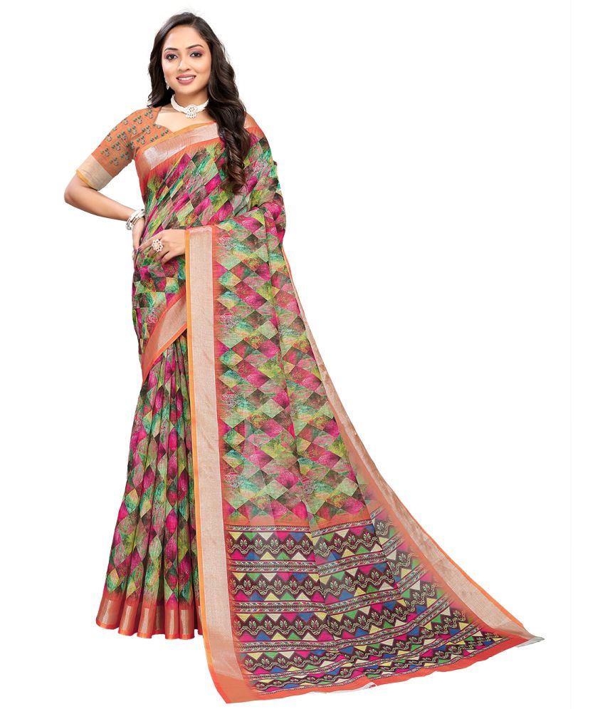     			Kanooda Prints Linen Printed Saree With Blouse Piece ( Multicolor , Pack of 1 )