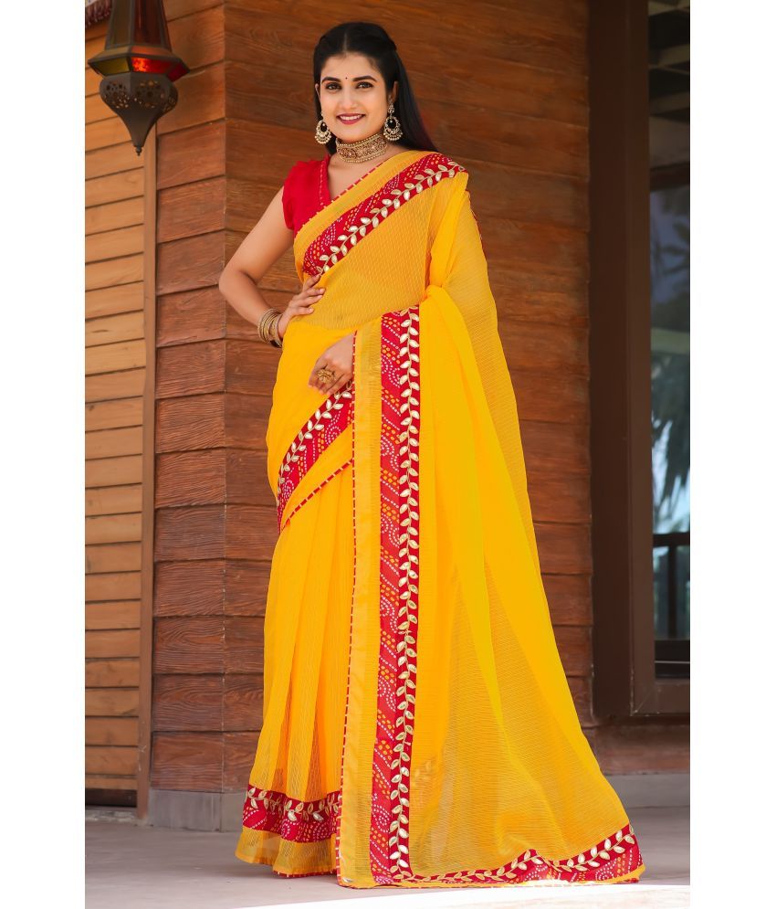     			Kanooda Prints Net Woven Saree With Blouse Piece ( Yellow , Pack of 1 )