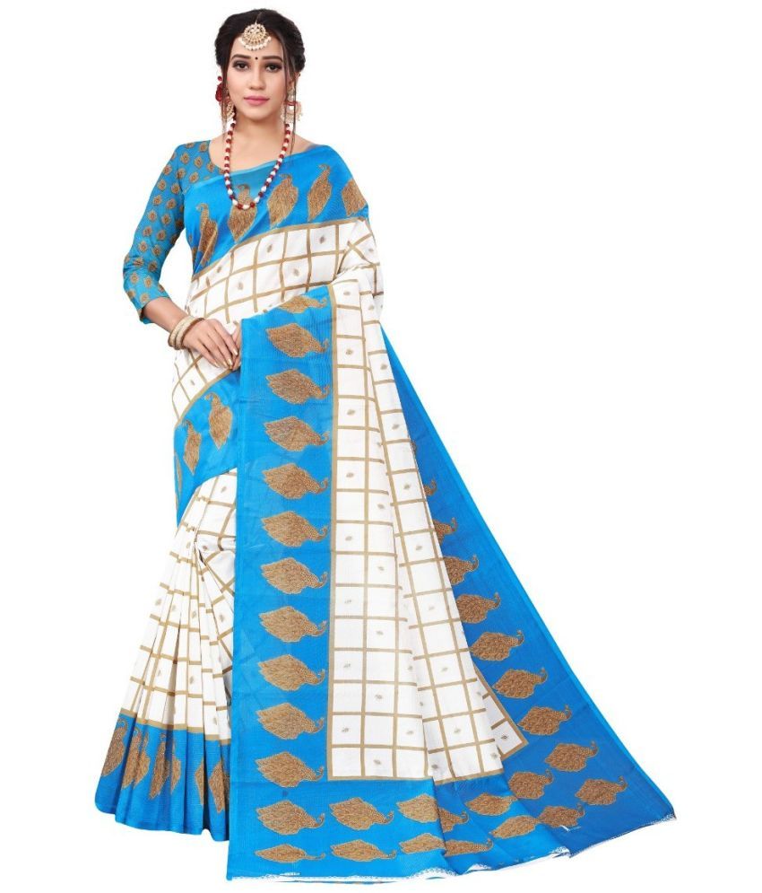     			Kanooda Prints Silk Blend Printed Saree With Blouse Piece ( Light Blue , Pack of 1 )