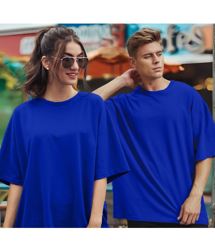     			Leotude Blue Blended Oversized Fit Couple T-Shirt