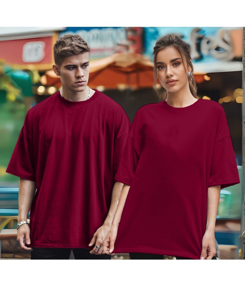     			Leotude Maroon Blended Oversized Fit Couple T-Shirt