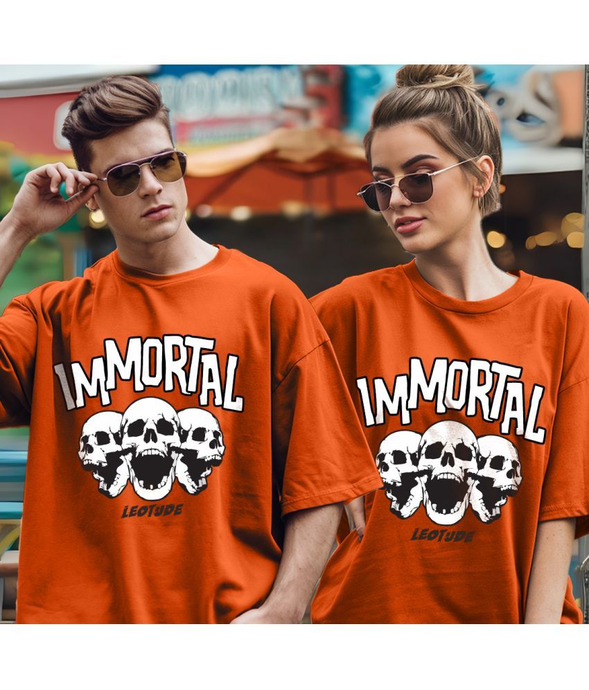     			Leotude Orange Blended Oversized Fit Couple T-Shirt