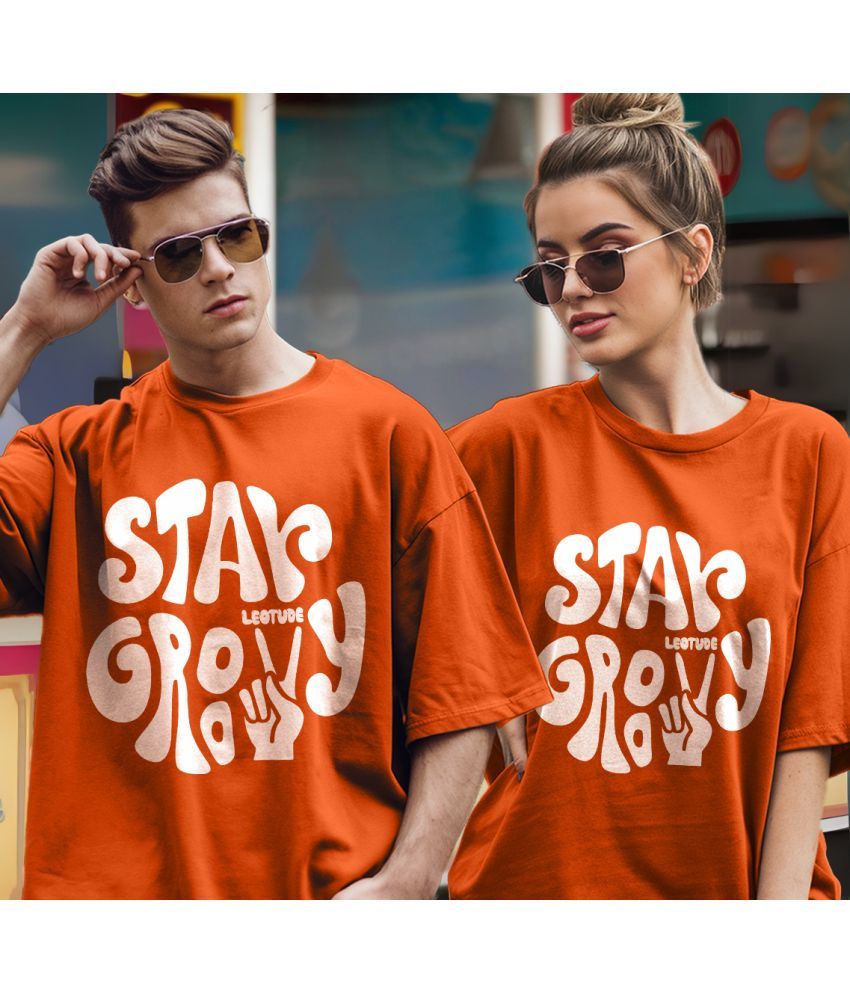     			Leotude Orange Blended Oversized Fit Couple T-Shirt