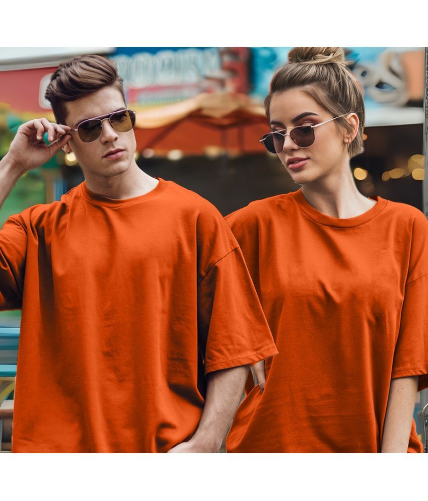     			Leotude Orange Blended Oversized Fit Couple T-Shirt