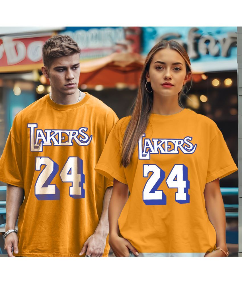     			Leotude Yellow Blended Oversized Fit Couple T-Shirt