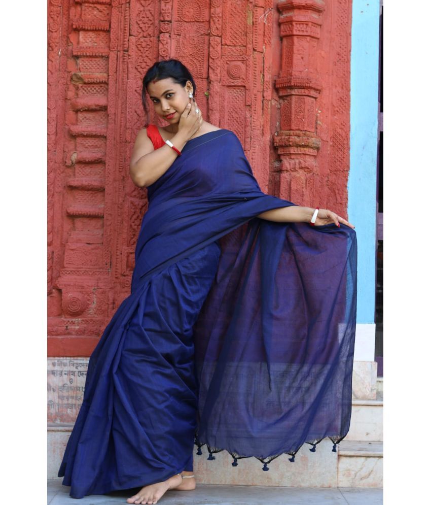     			SARADA HANDLOOM Cotton Solid Saree With Blouse Piece ( Blue , Pack of 1 )