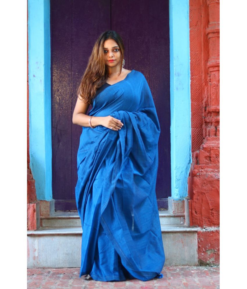     			SARADA HANDLOOM Cotton Solid Saree With Blouse Piece ( Blue , Pack of 1 )