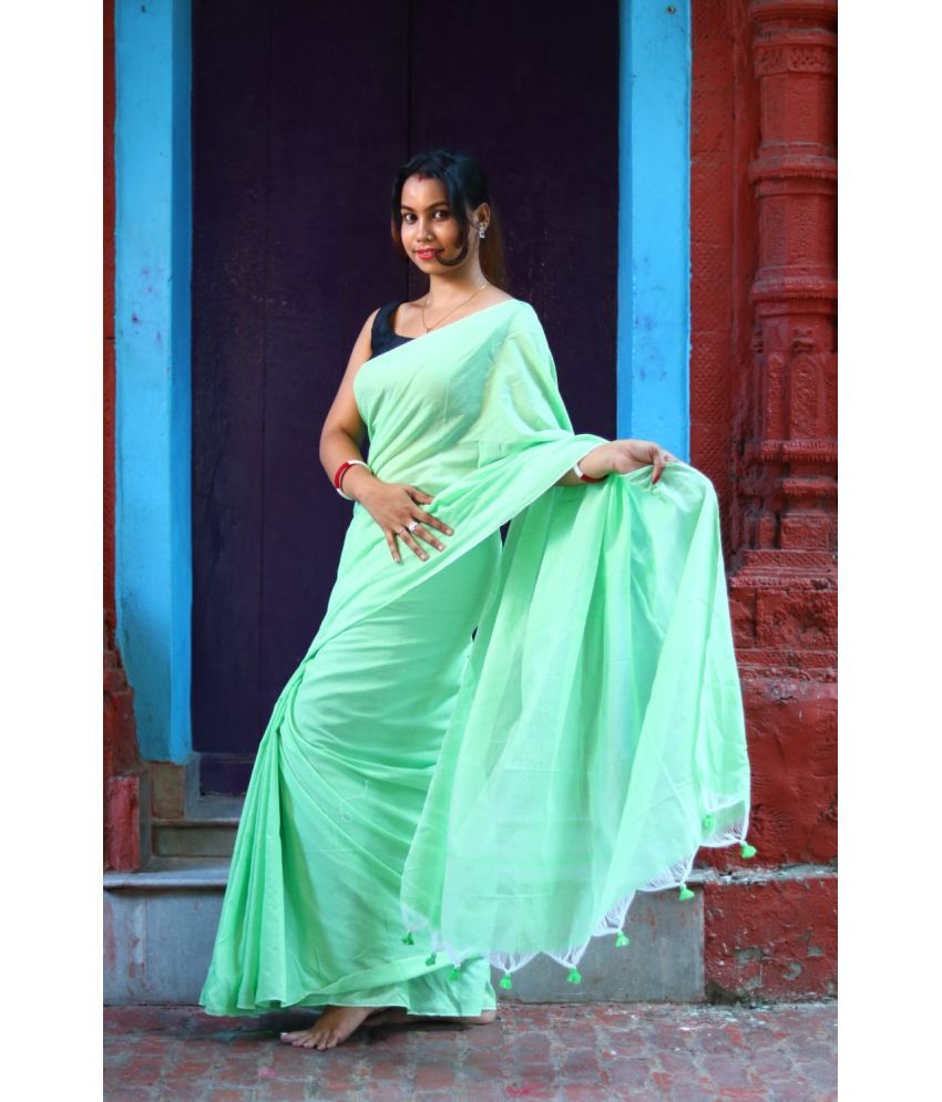     			SARADA HANDLOOM Cotton Solid Saree With Blouse Piece ( LightGreen , Pack of 1 )