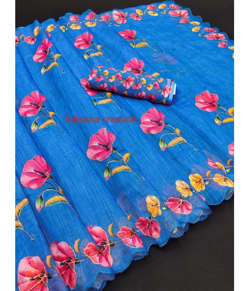     			GOPI SAREE Linen Printed Saree With Blouse Piece ( Blue , Pack of 1 )