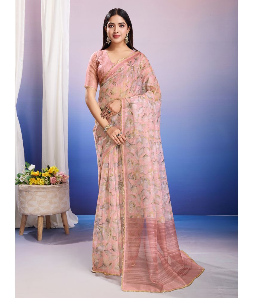     			Rekha Maniyar Organza Printed Saree With Blouse Piece ( Pink , Pack of 1 )